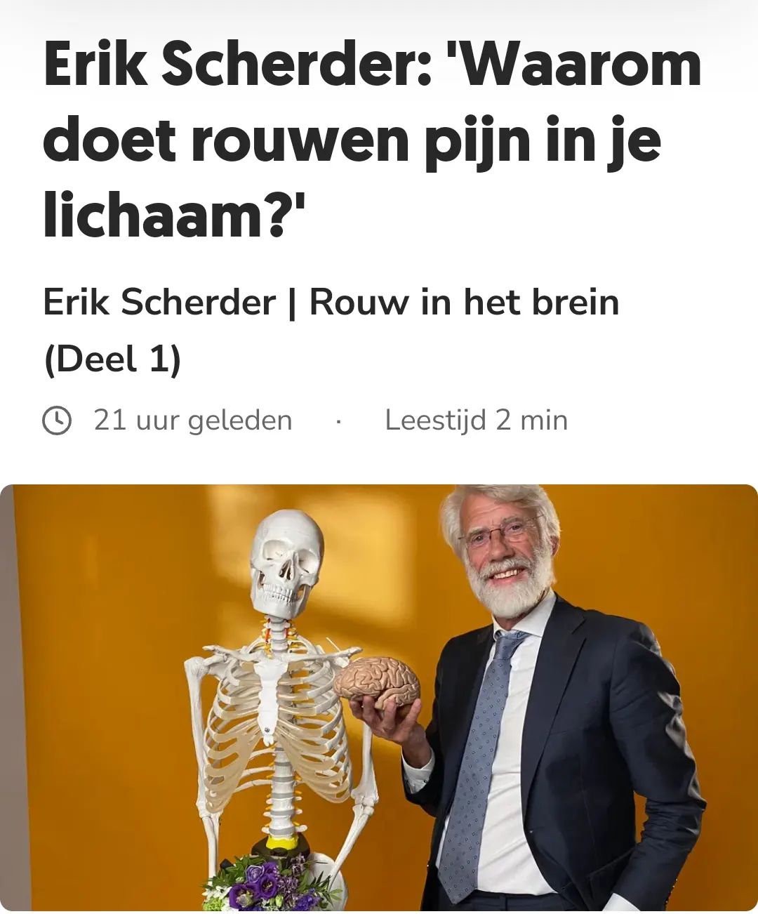 Rouwen doet pijn 😥
Erik Scherder, o.a. hoogleraar neuropsychologie, legt op een mooie manier uit waarom rouwen pijn in je lichaam doet.
❤️🩹
https://ikmisje.eo.nl/artikel/erik-scherder-rouw-in-het-brein-pijn-lichaam